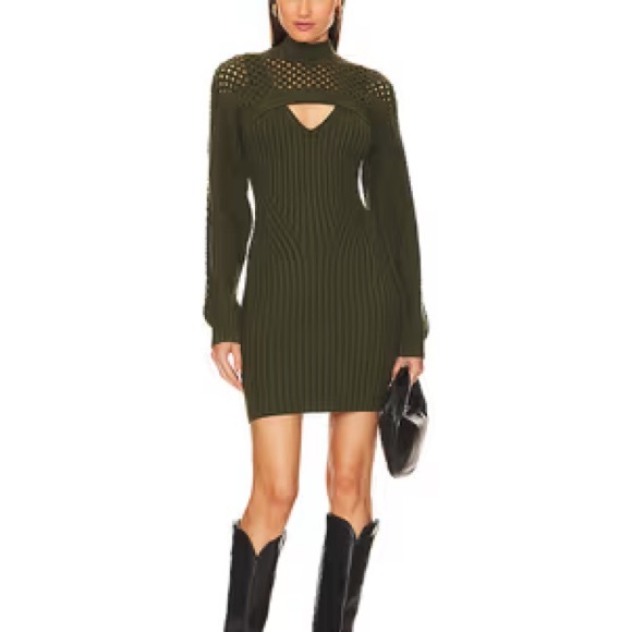 NWT Olive Green Knit Cable Sweater Long Sleeve Cut Out Bolero Mini Dress - Picture 11 of 12